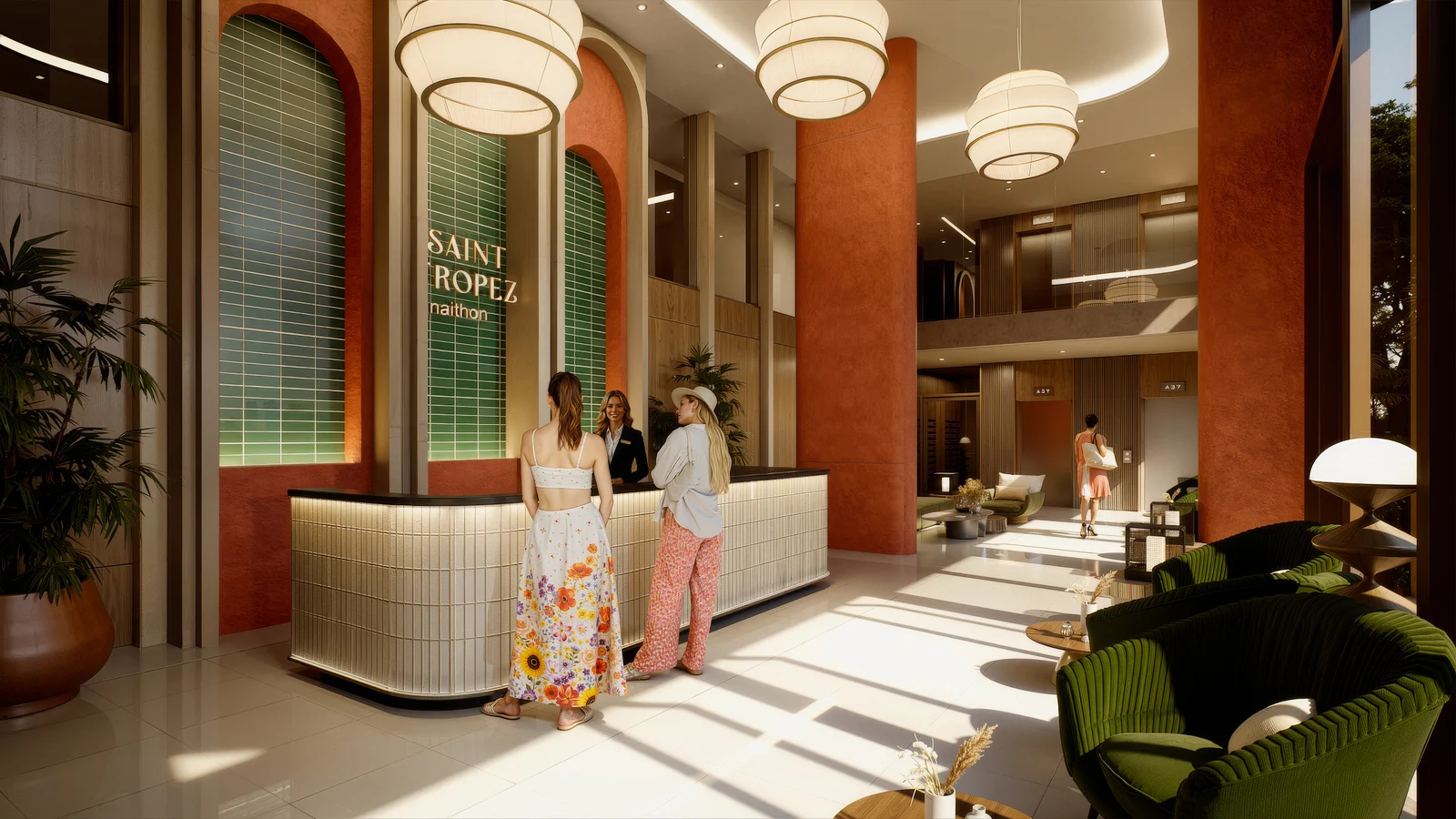 Lobby with reception desk and arched green-tiled niches