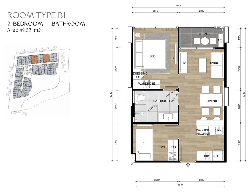 Type B1, 2 bedrooms, 49.85 m² floor plan