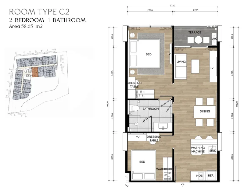 Type C2, 2 bedrooms, 58.65 m² floor plan